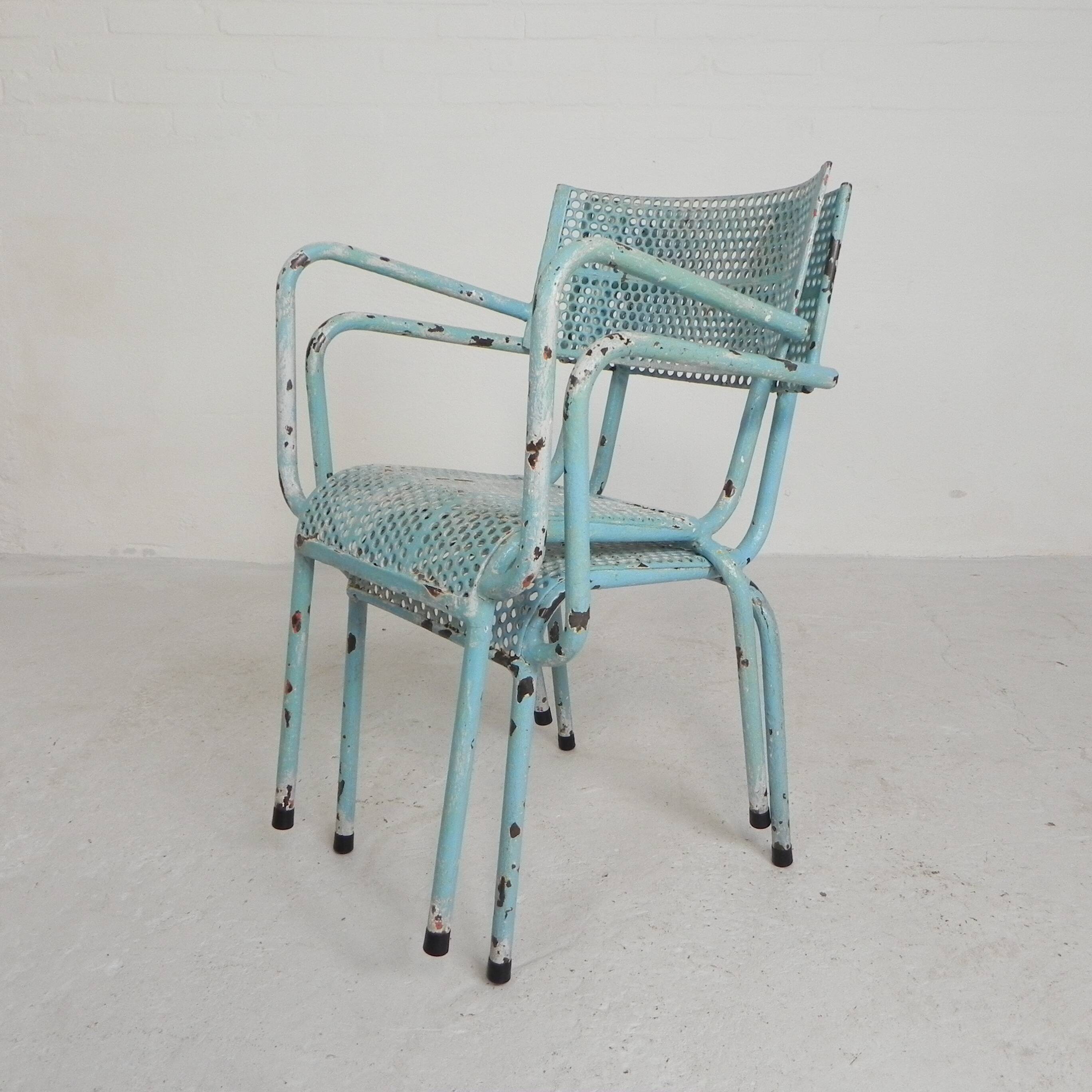 Lot de 2 chaises de jardin industrielles en acier avec accoudoirs, années 1950
