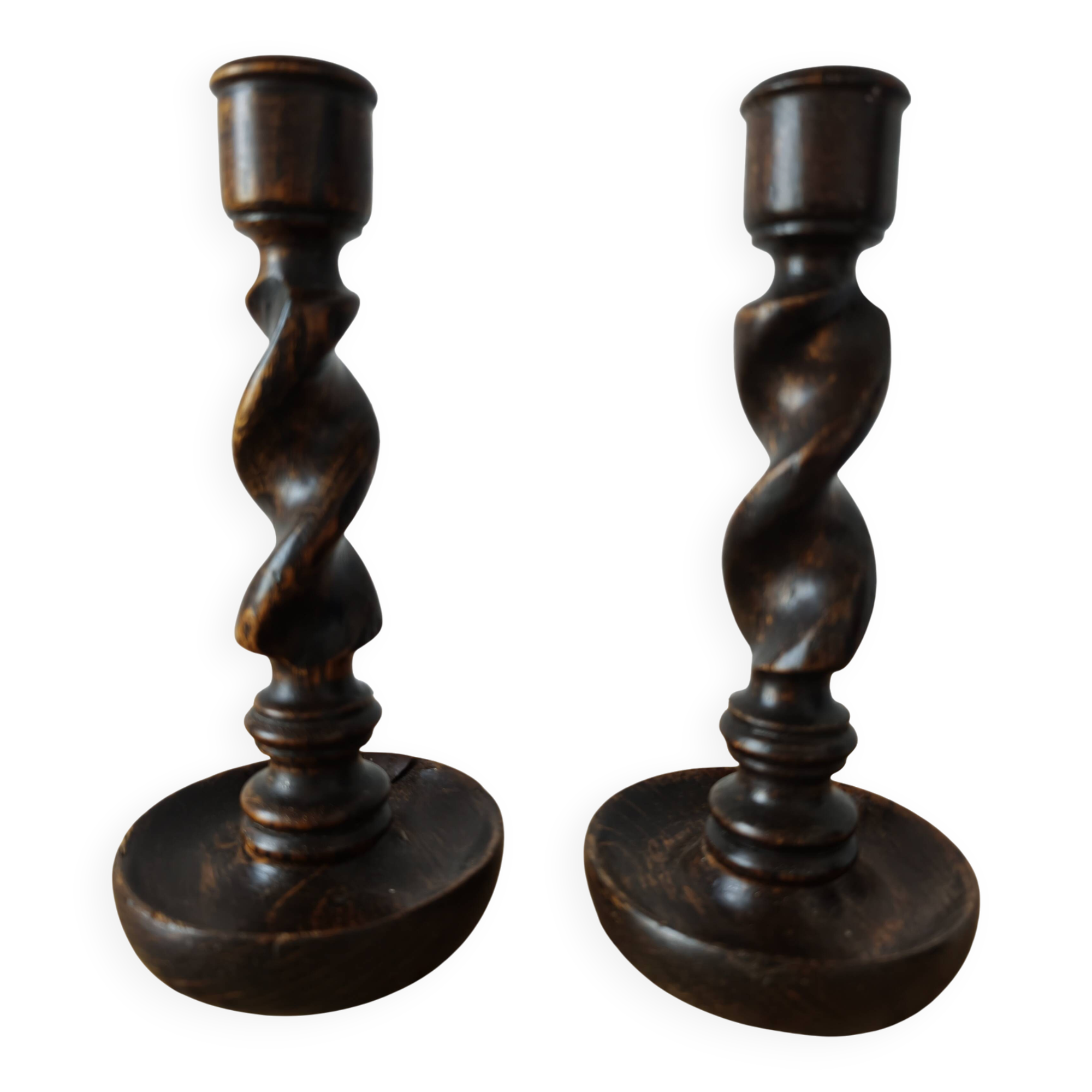 Pair of twisted wood candlesticks (Barley twist)