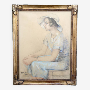 Portrait de jeune femme, pastel, Art Déco, par M.Ducoin, France, 1934
