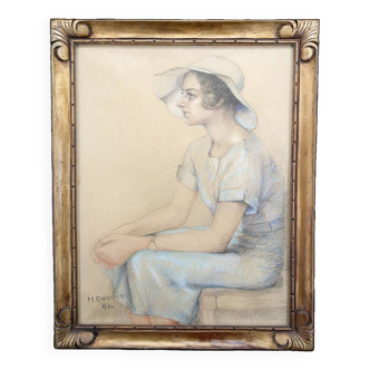 Portrait de jeune femme, pastel, Art Déco, par M.Ducoin, France, 1934