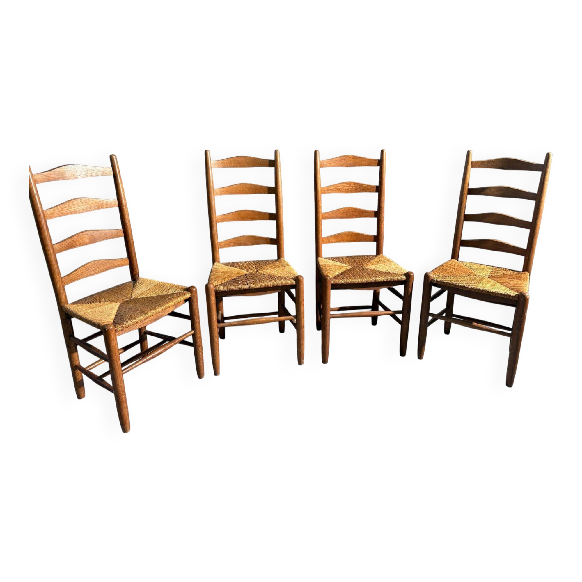 Dining Chairs, Rustic Oak Ladder Back, Set of 4, 1960s Belgium