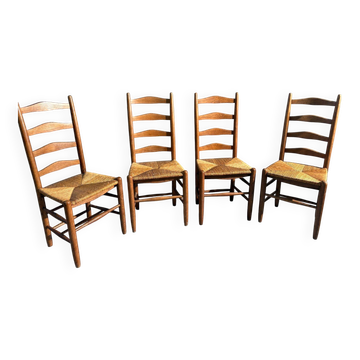 Dining Chairs, Rustic Oak Ladder Back, Set of 4, 1960s Belgium