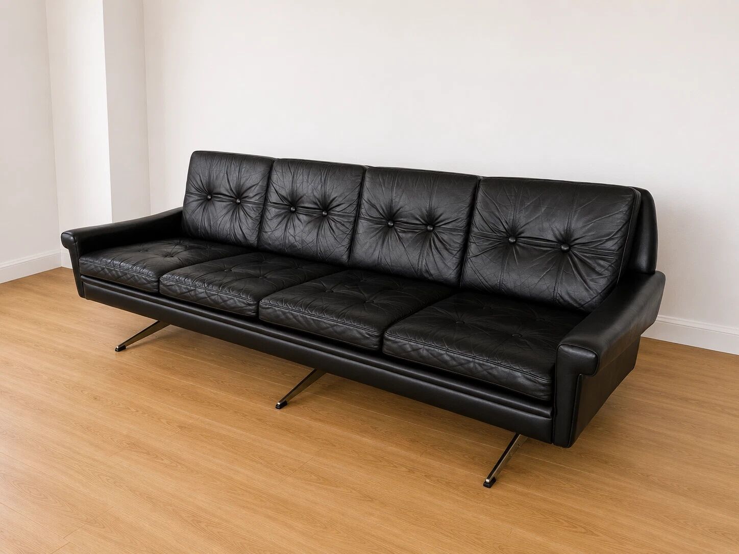 Vintage Danish Svend Skipper 4 person sofa in black leather and chrome