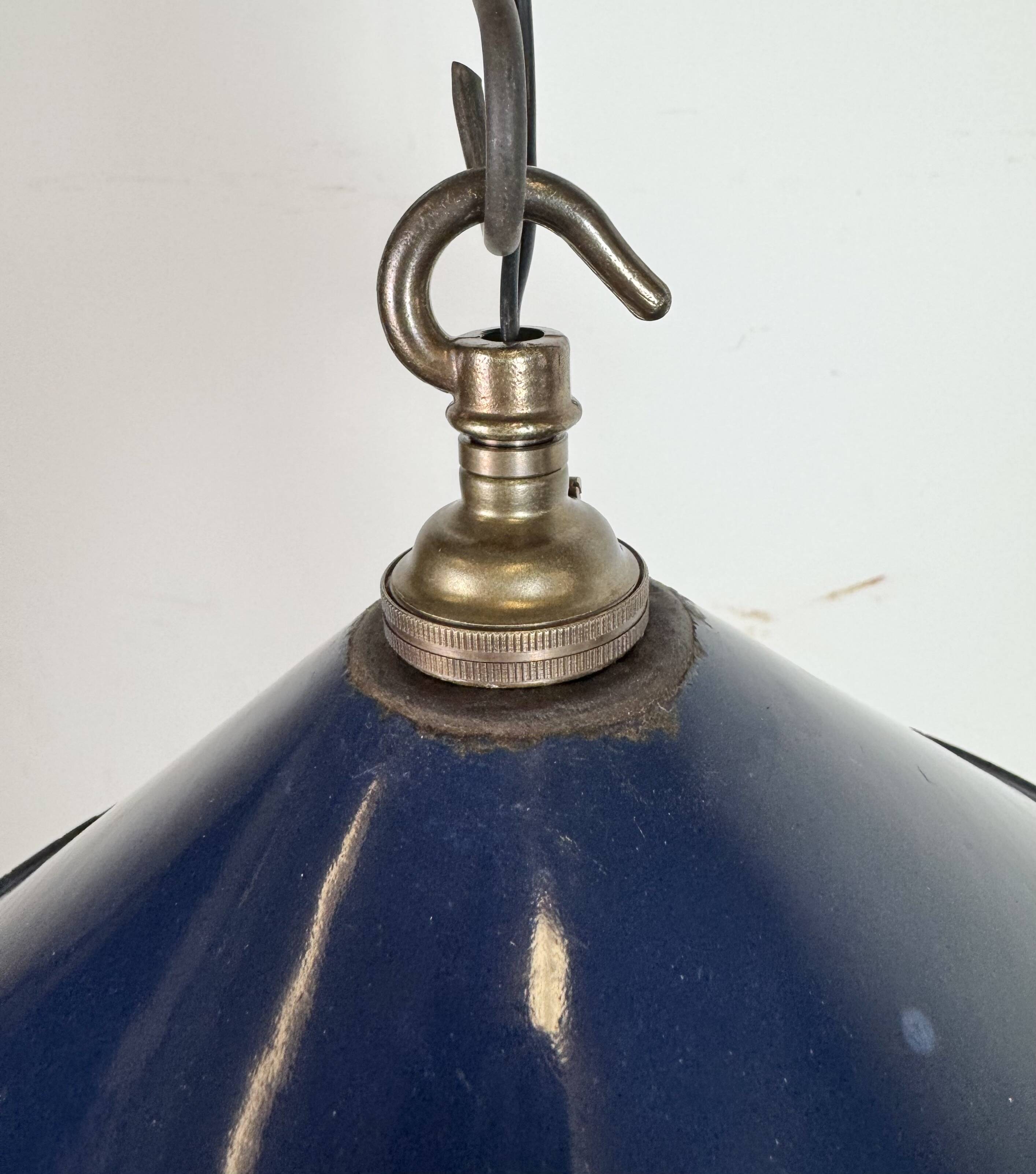 Industrial British Dark Blue Enamel Factory Pendant Lamp, 1950s