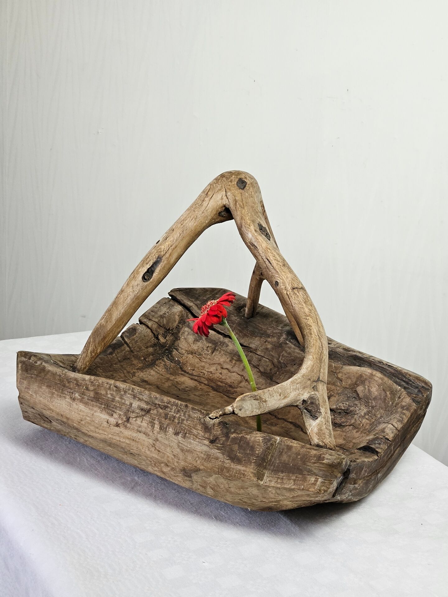 Vintage brutalist olive wood basket