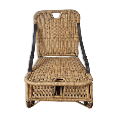 Siège de plage, pique-nique vintage pliant en rotin et cuir