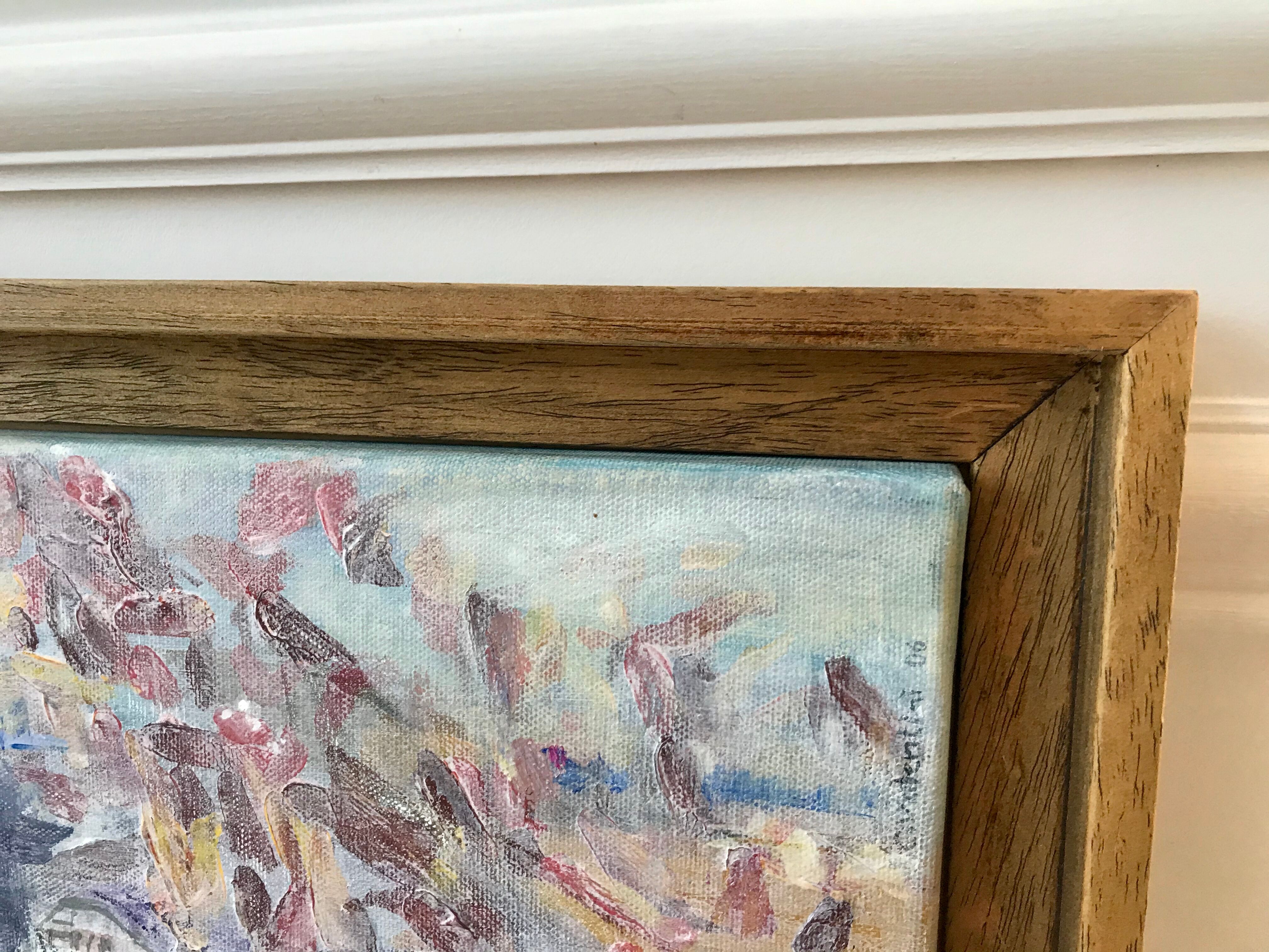 Painting oil on canvas city and trees framed pastel tones signed vintage