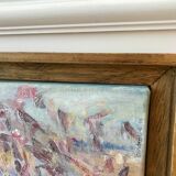 Painting oil on canvas city and trees framed pastel tones signed vintage