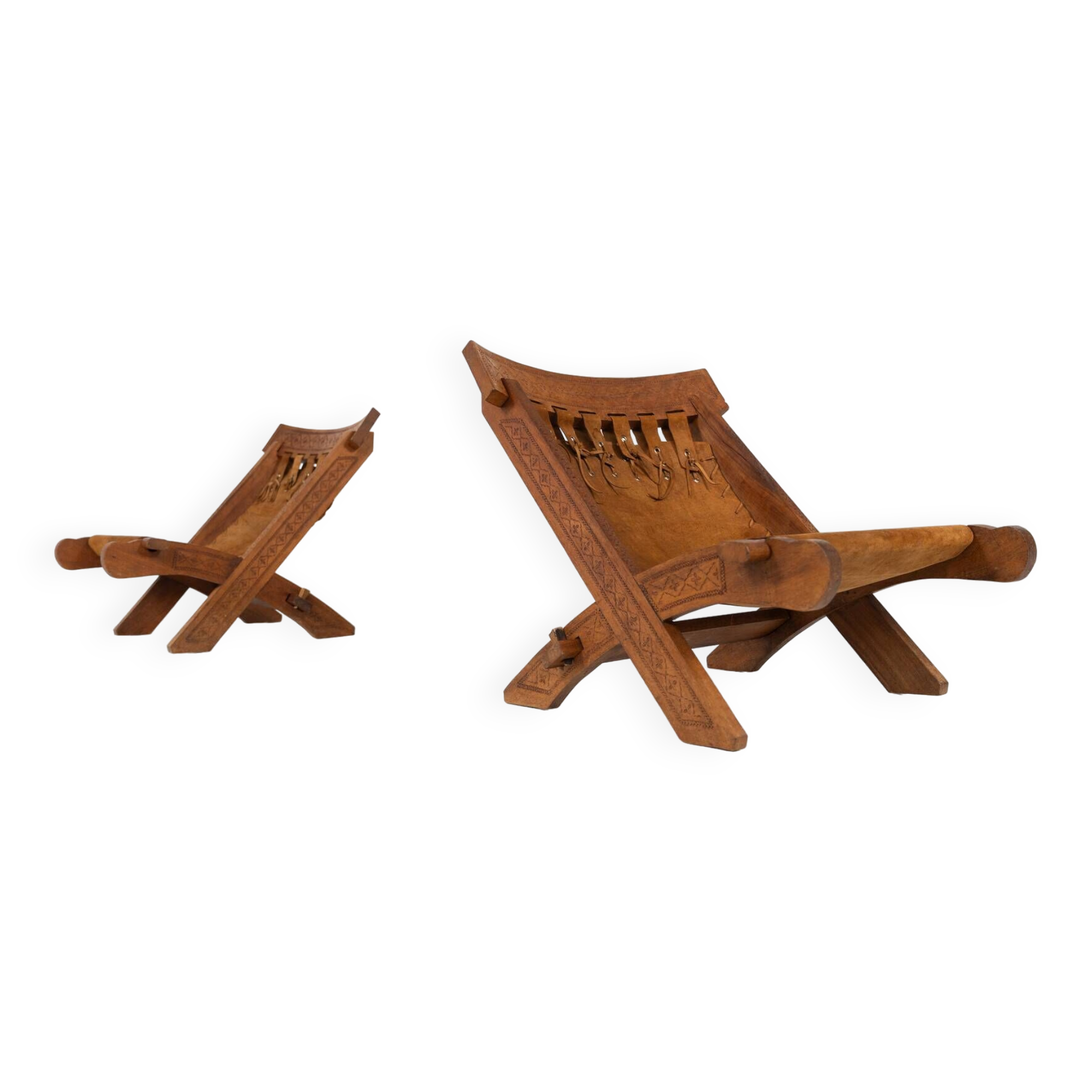 Pair of Folding Chair, Wood and Leather, Brazilian style