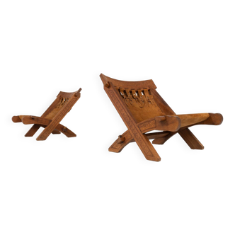 Pair of Folding Chair, Wood and Leather, Brazilian style
