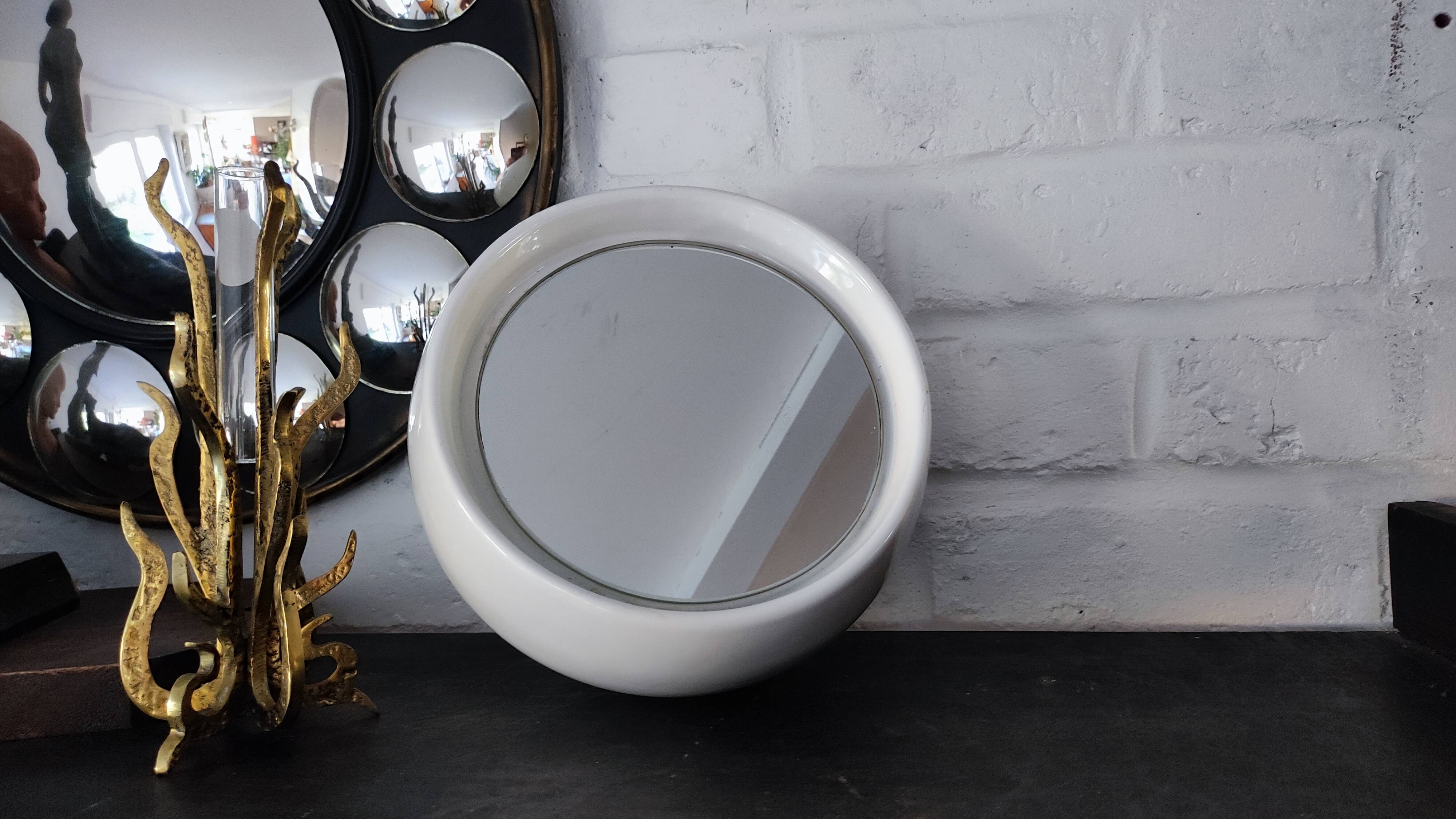 White Ceramic Table Mirror Weighted in a Space Age Ball Shape