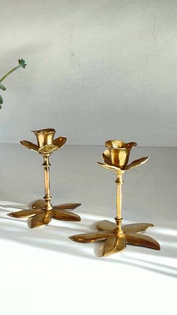 Pair of VINTAGE solid BRASS Flower CANDLE HOLDERS
