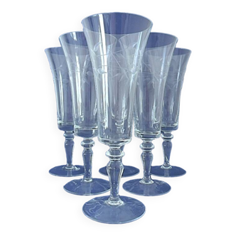 Set of six champagne flutes in ground crystal