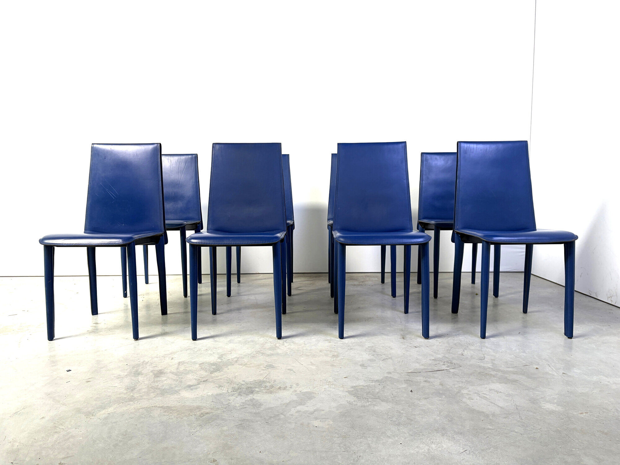 Blue leather dining chairs by Fasem, 1980s - set of 8