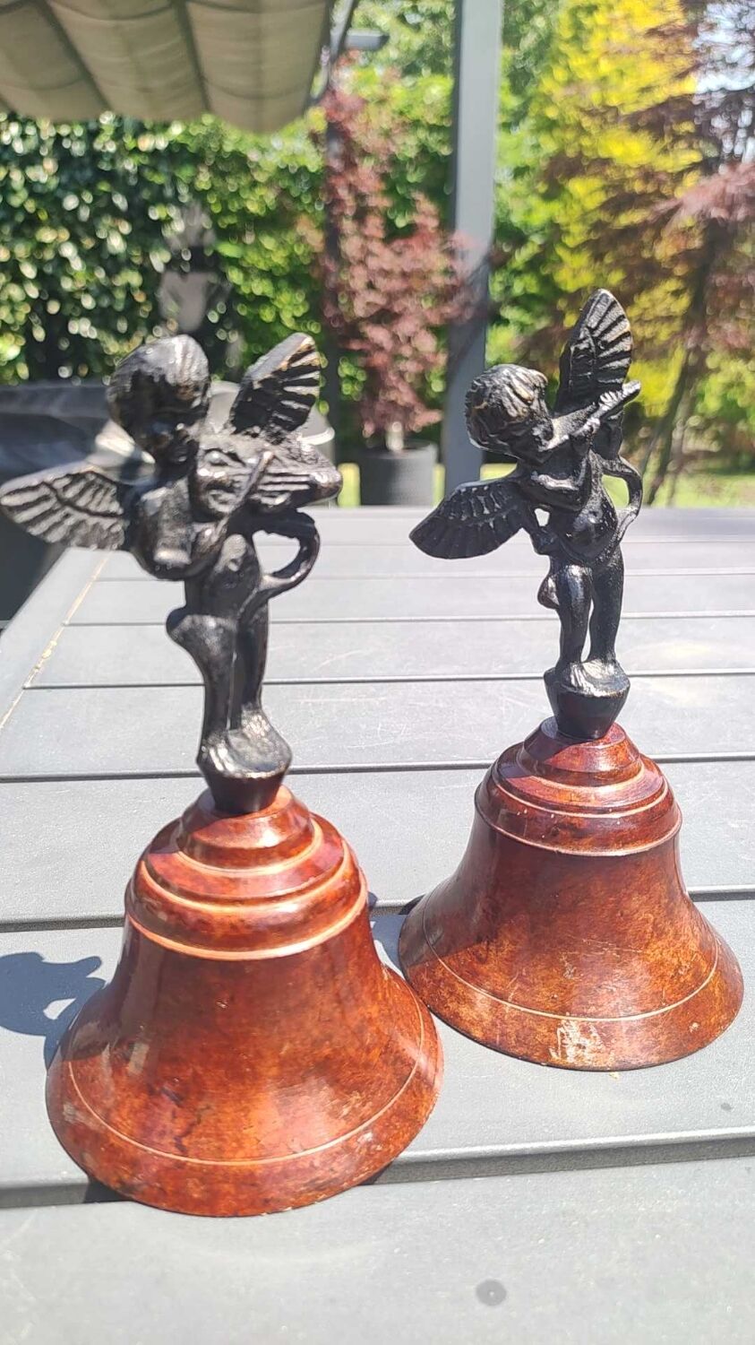 Pair of table bells musician angels in copper metal and bronze