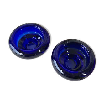 Duo of vintage candle holders in blue glass