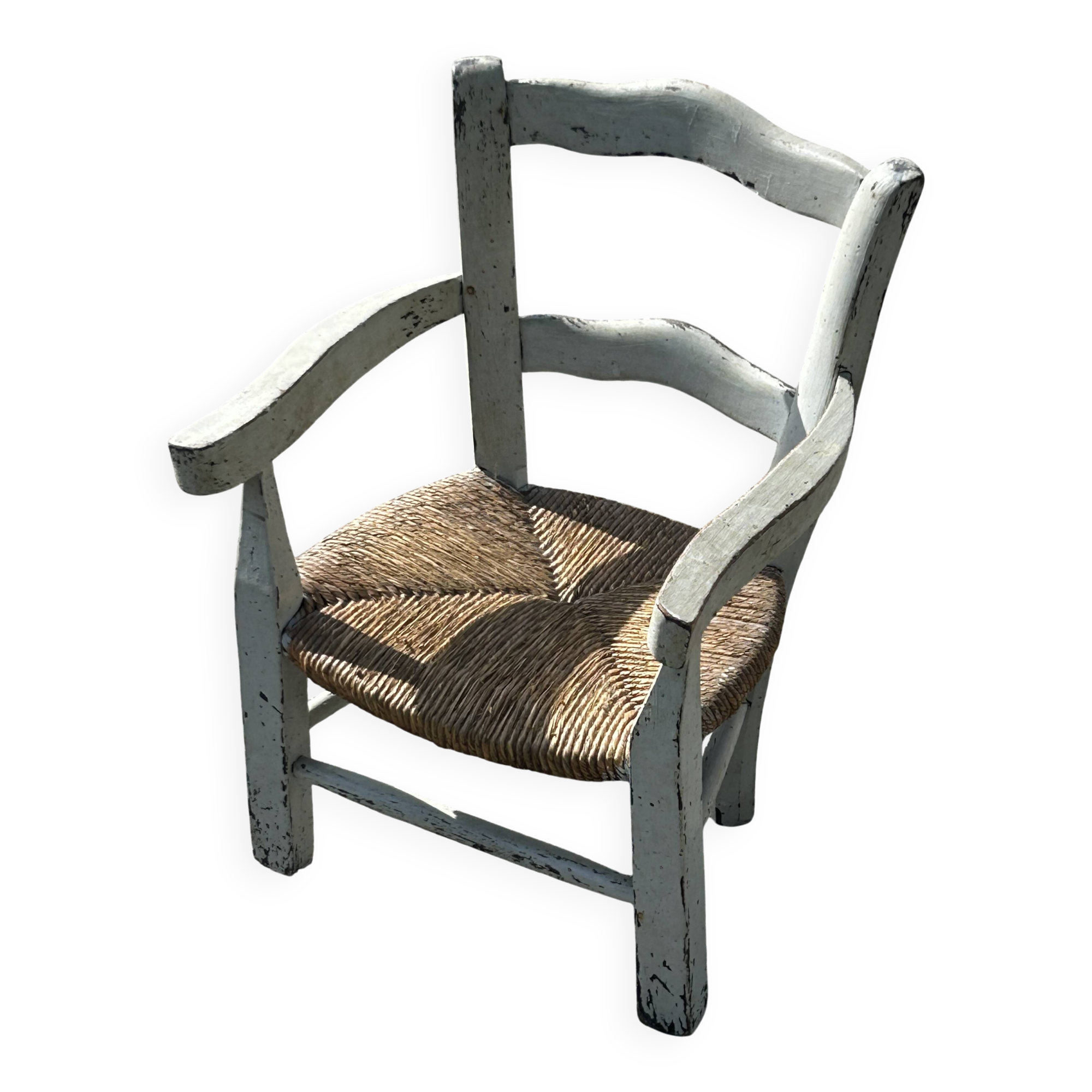 Old children's marsh armchair, straw and painted wood