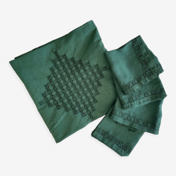 Convent tablecloth and its 4 openwork towels tinted fir green - 115x115cm -mixed linen & cotton