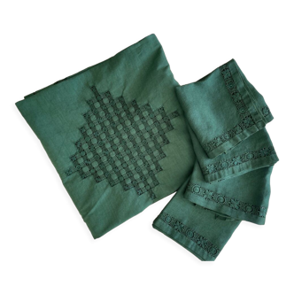 Convent tablecloth and its 4 openwork towels tinted fir green - 115x115cm -mixed linen & cotton