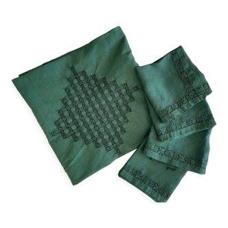 Nappe de couvent et ses 4 serviettes ajourées teintées verts sapin - 115x115cm -métis lin & coton