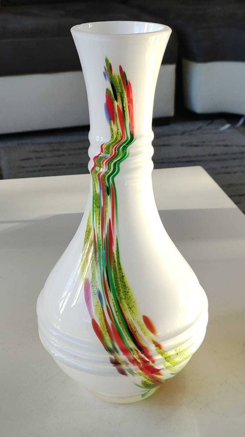Blown Murano/White Opaline Art glass vase, polychrome smoke scroll inclusions. 28.5 x 14 cm