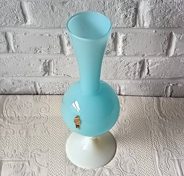Grand VASE décoratif rétro pied opaline bleue, vase vintage Italie