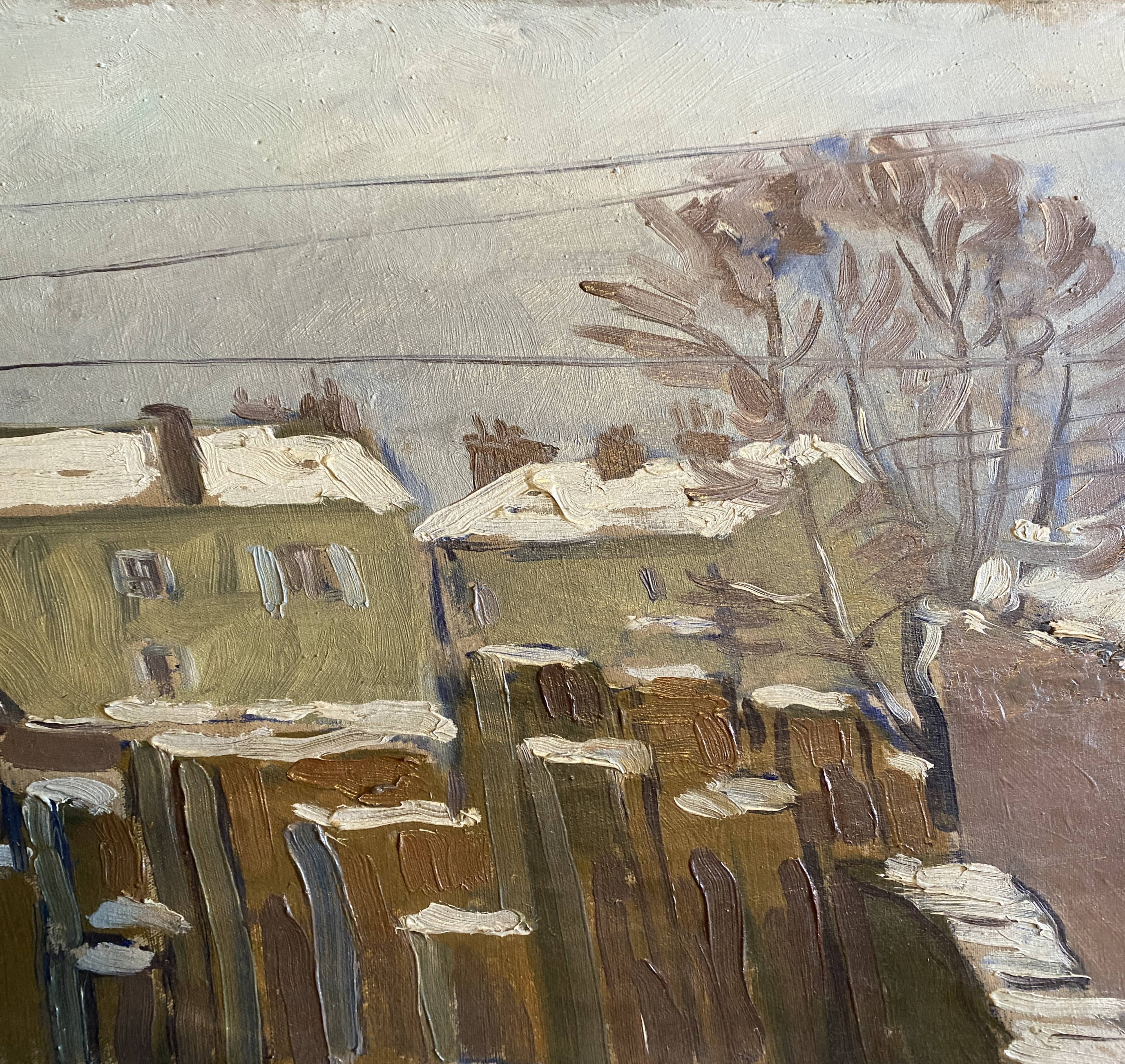 HST painting "Snowy roofs" by Marcel GAULT (1899-1989) painter from Franche-Comté
