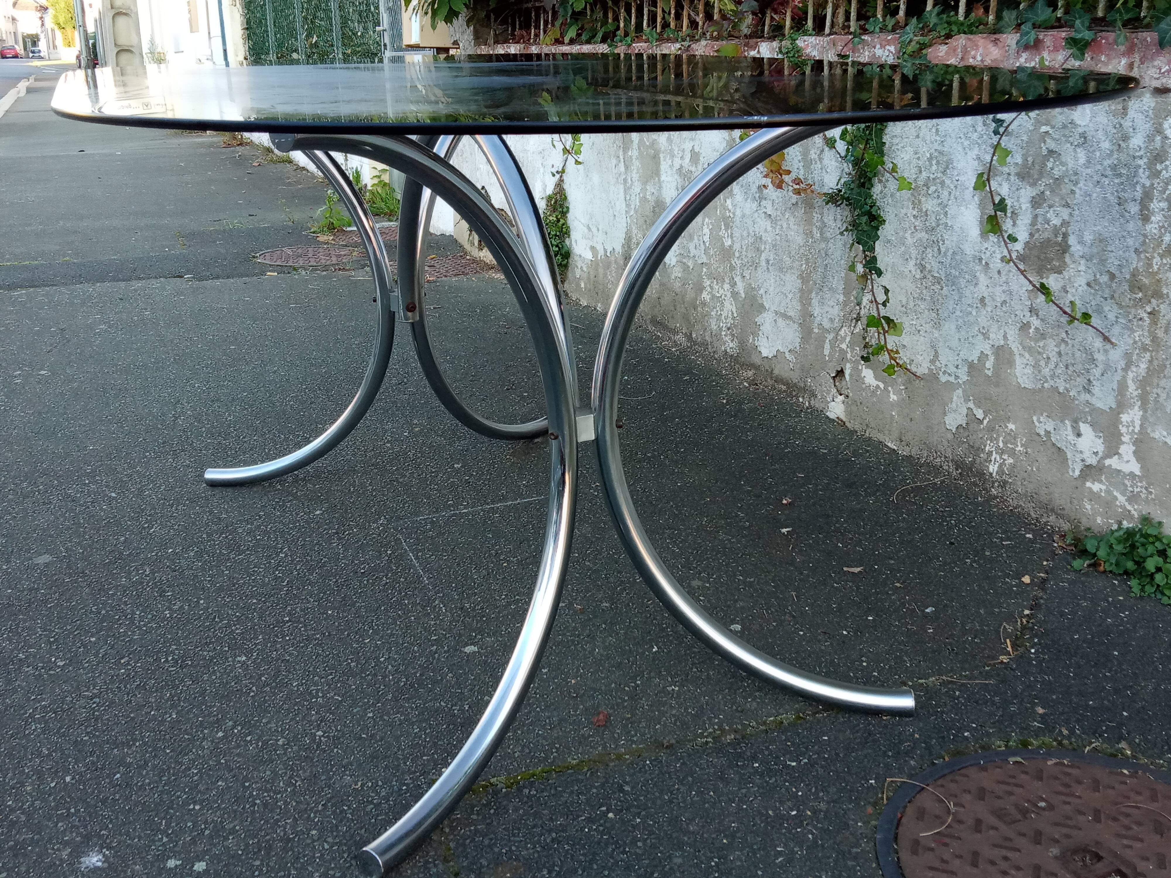 Oval table smoked glass and chrome 70s