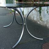 Oval table smoked glass and chrome 70s