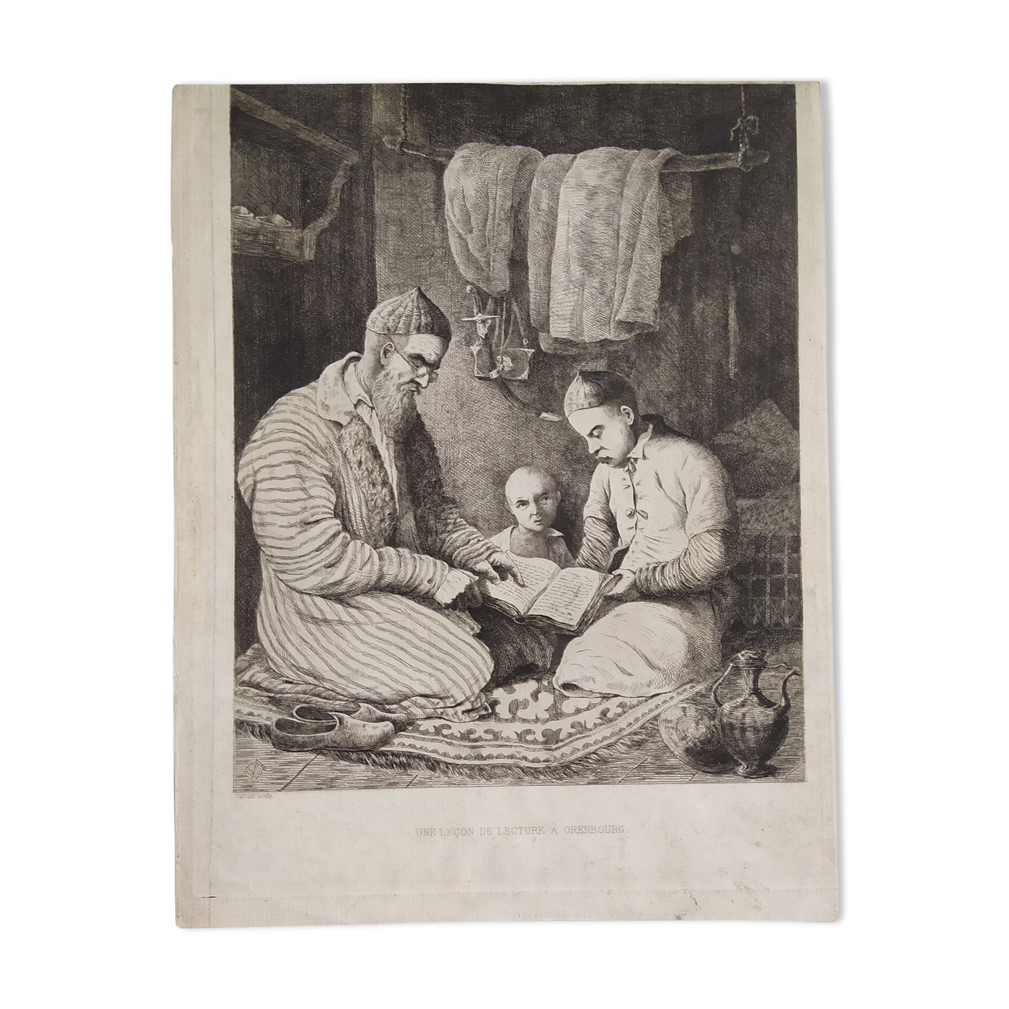 Engraving XIXth "Reading lesson in Orenburg & Country Ugsters"