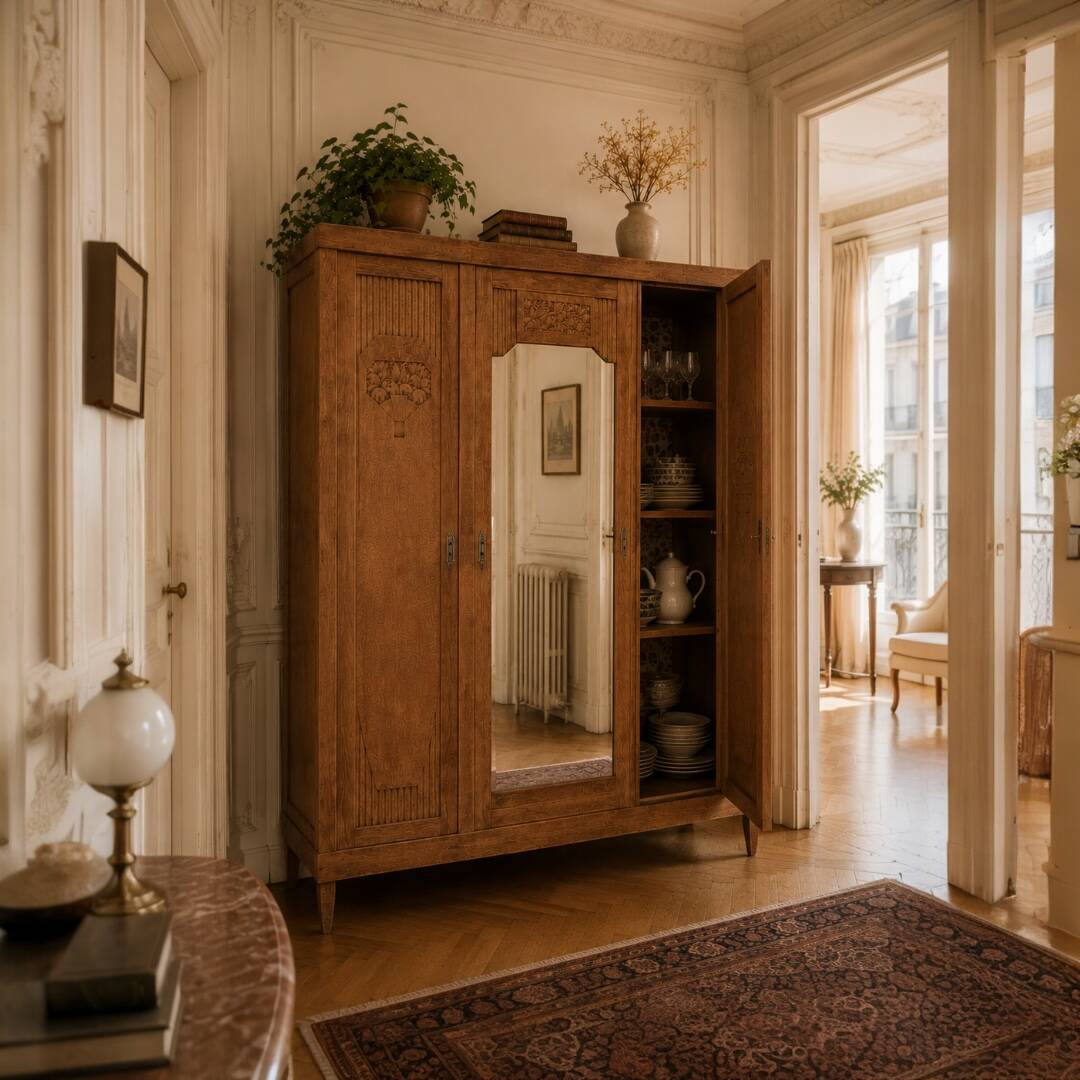 Art deco wardrobe in raw oak with bevelled mirror.