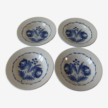 Lot de 4 anciennes assiettes creuses céramique Saint  Clément grande fleur bleue