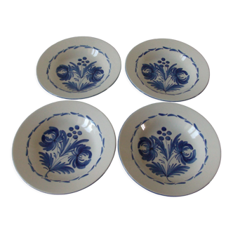 Lot de 4 anciennes assiettes creuses céramique Saint  Clément grande fleur bleue