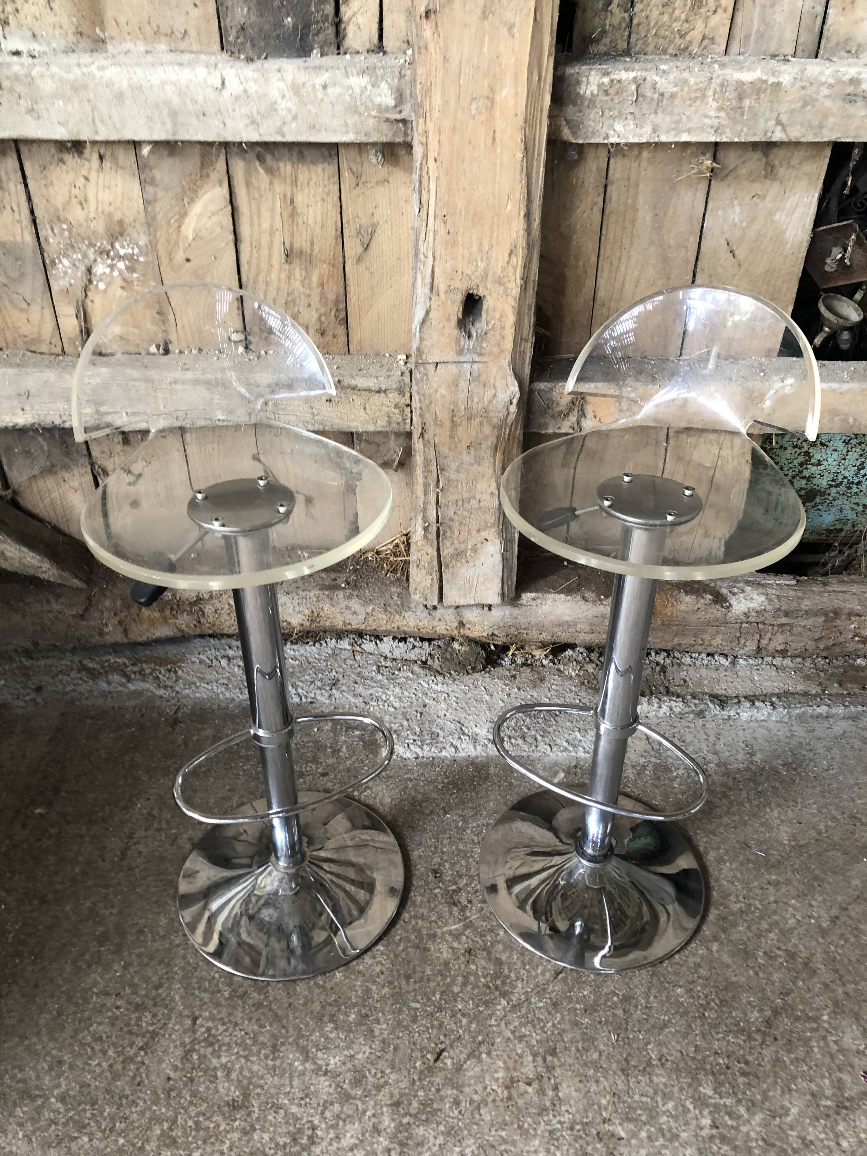 Pair Stool Foot Bar Tulip Metal Chrome + Seat Plexi Transparent Vintage