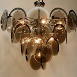 Large original 1960s large chrome metal and glass disc ceiling chandelier