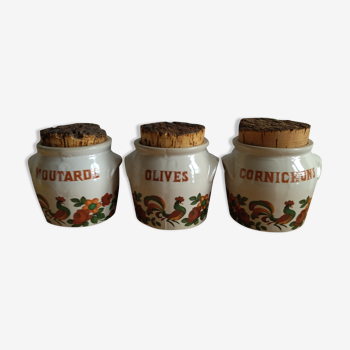 Lot de 3 pots en grès vernissé décor coq vintage