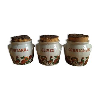 Lot de 3 pots en grès vernissé décor coq vintage