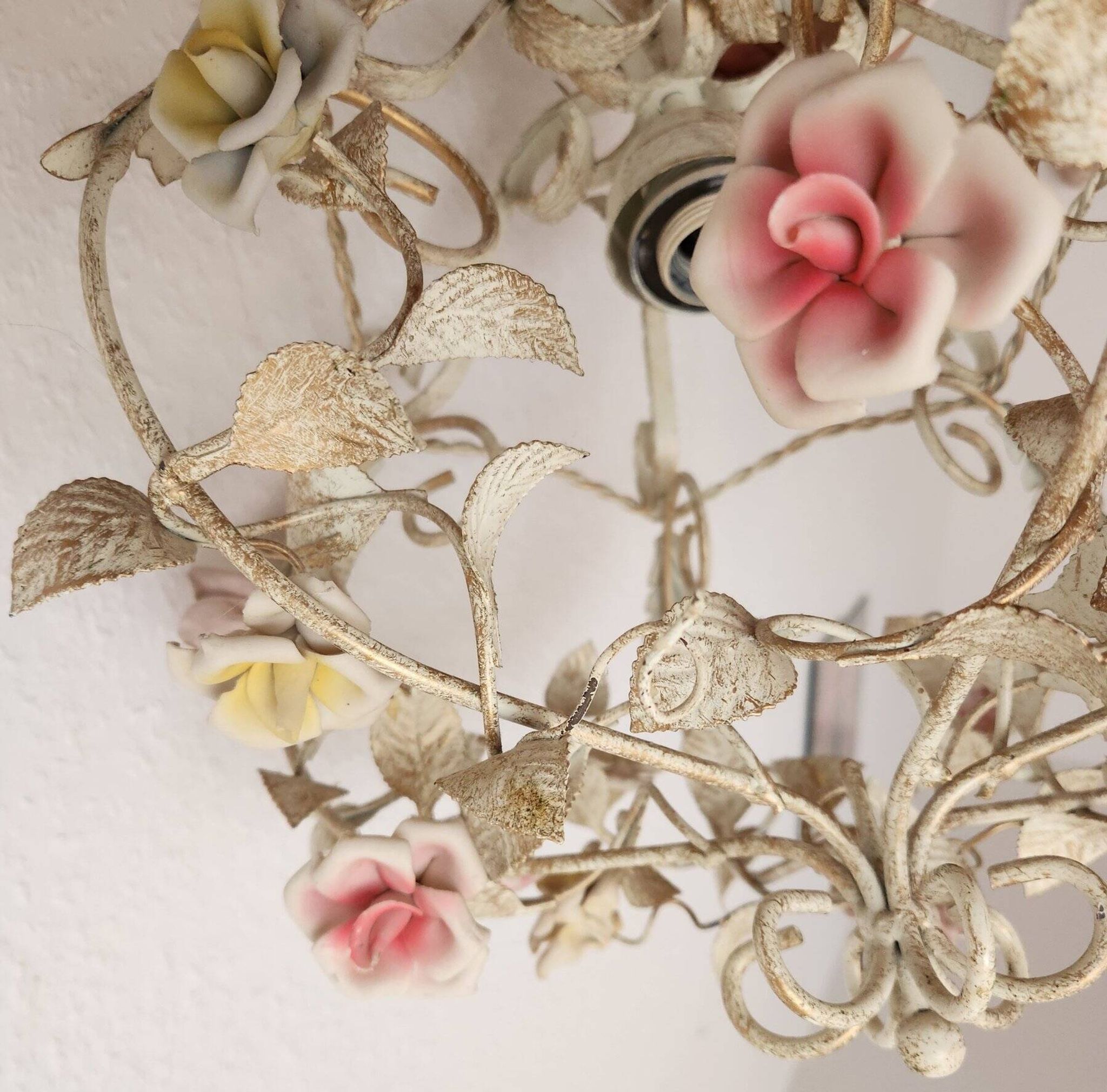 Hand-forged vintage pendant lamp with porcelain roses, Denz Neheim Hüsten