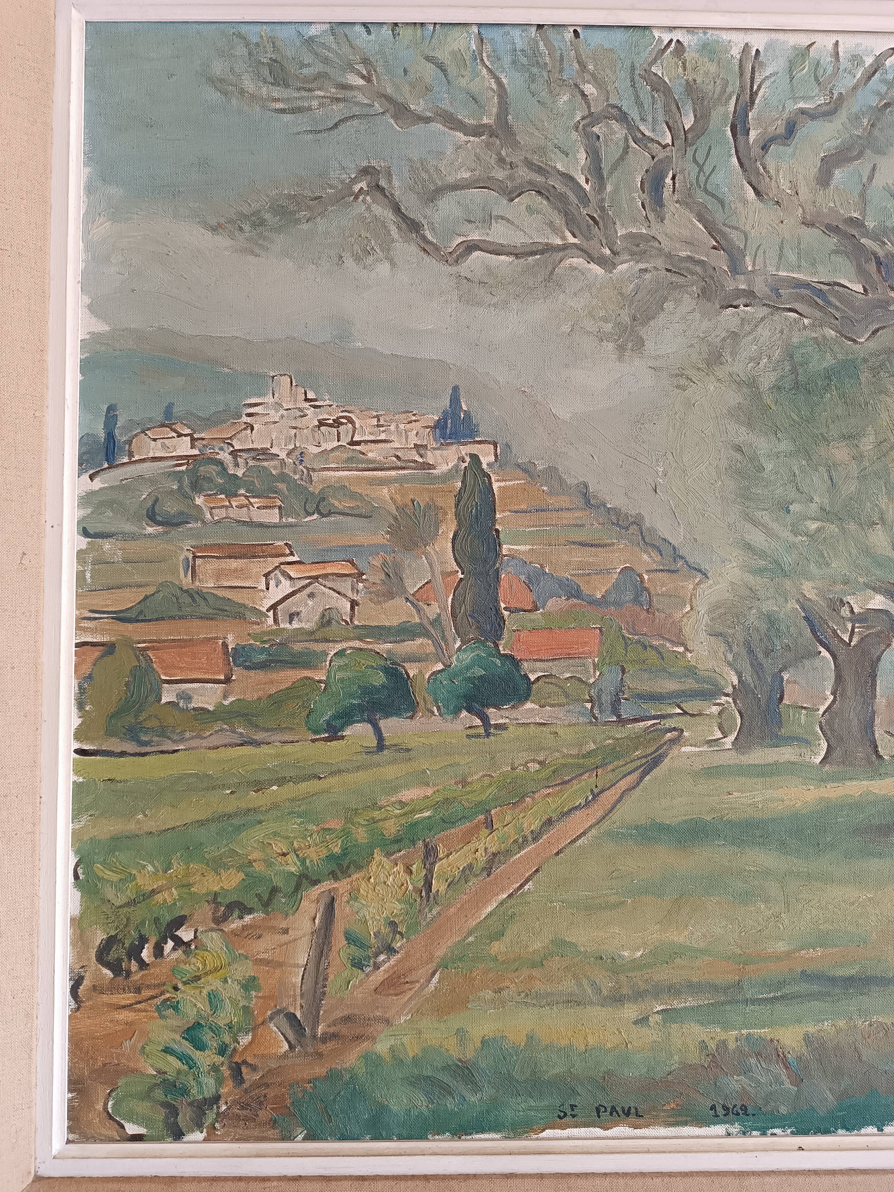 Large oil on canvas landscape of St Paul de Serre signed R. CAZ.