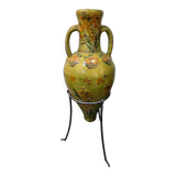 Large decorative vase with handles – painted floral design – on a metal stand