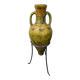 Large decorative vase with handles – painted floral design – on a metal stand
