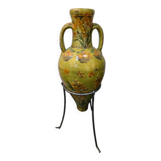 Large decorative vase with handles – painted floral design – on a metal stand