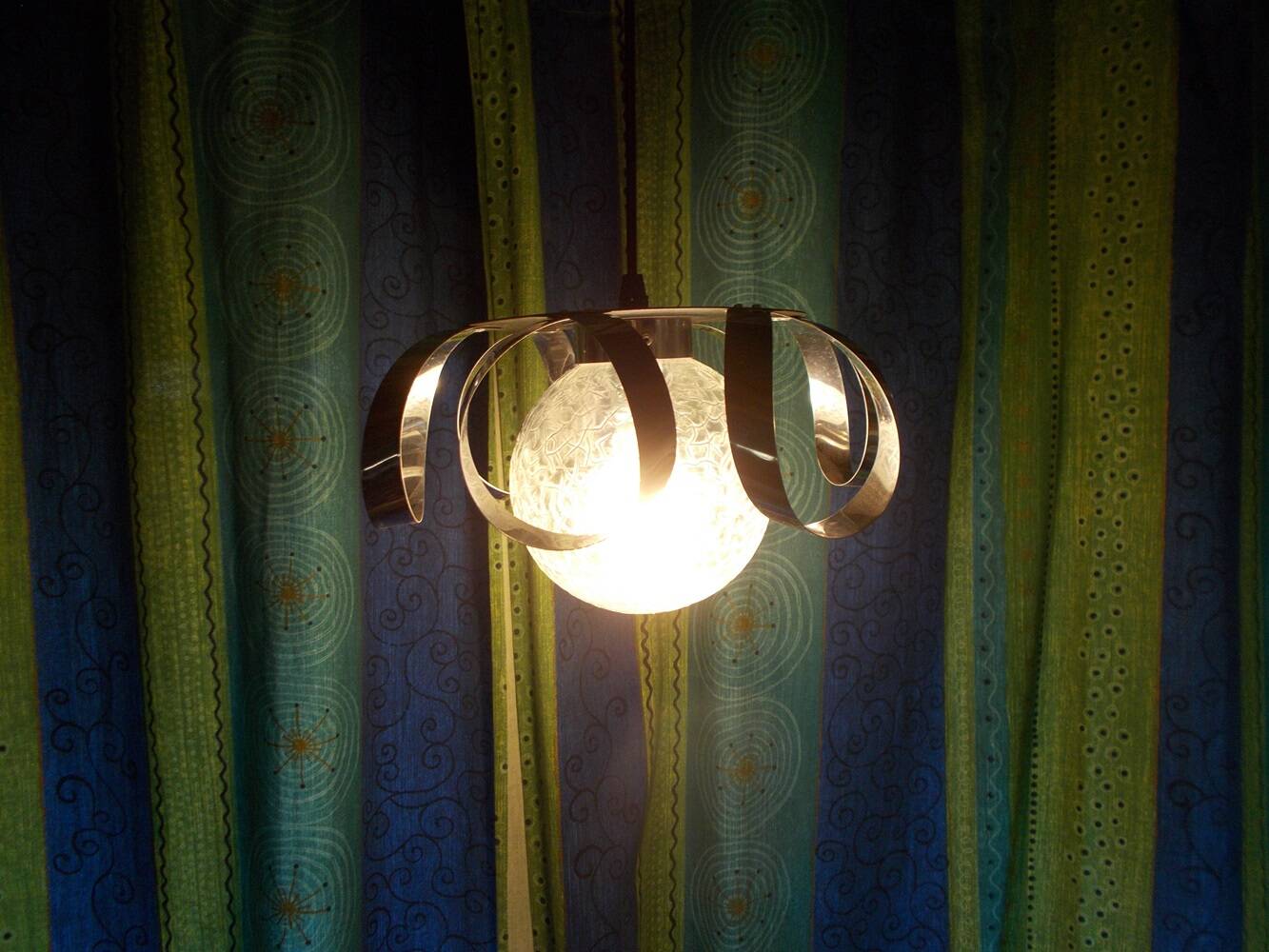 Glass and chrome metal pendant light from the 70s