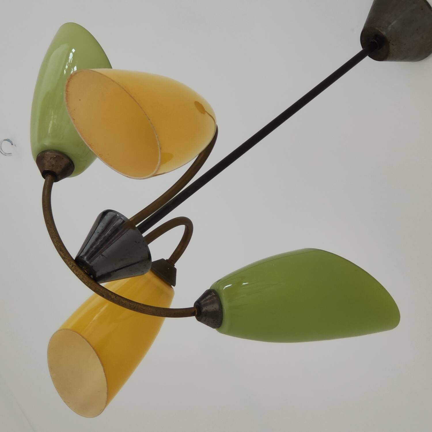 Brass and glass chandelier 4 yellow and green lights from the 60s