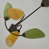 Lustre laiton et verre 4 feux jaune et vert année 60