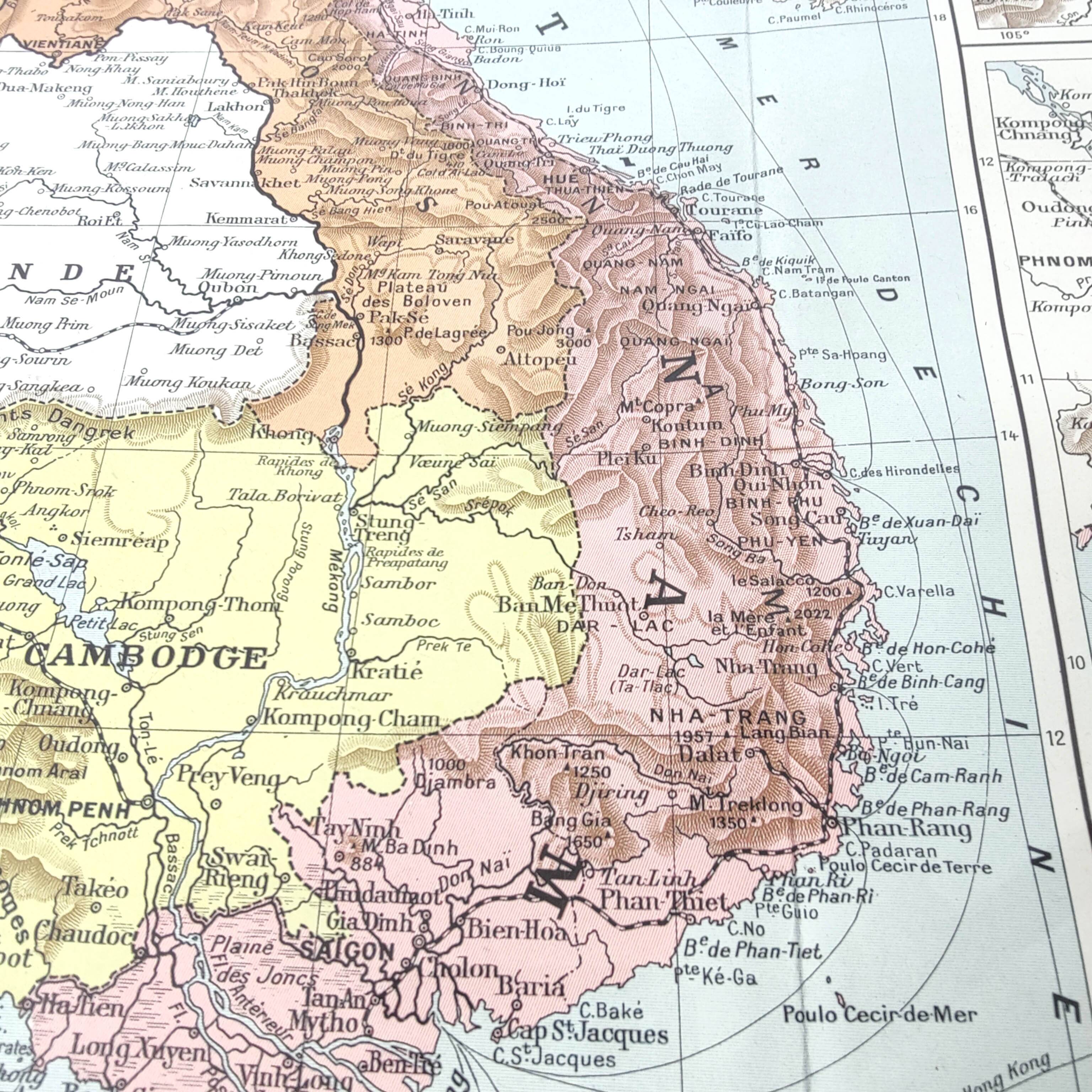 Old map Vietnam Laos Cambodia Asia 43x43cm from 1950
