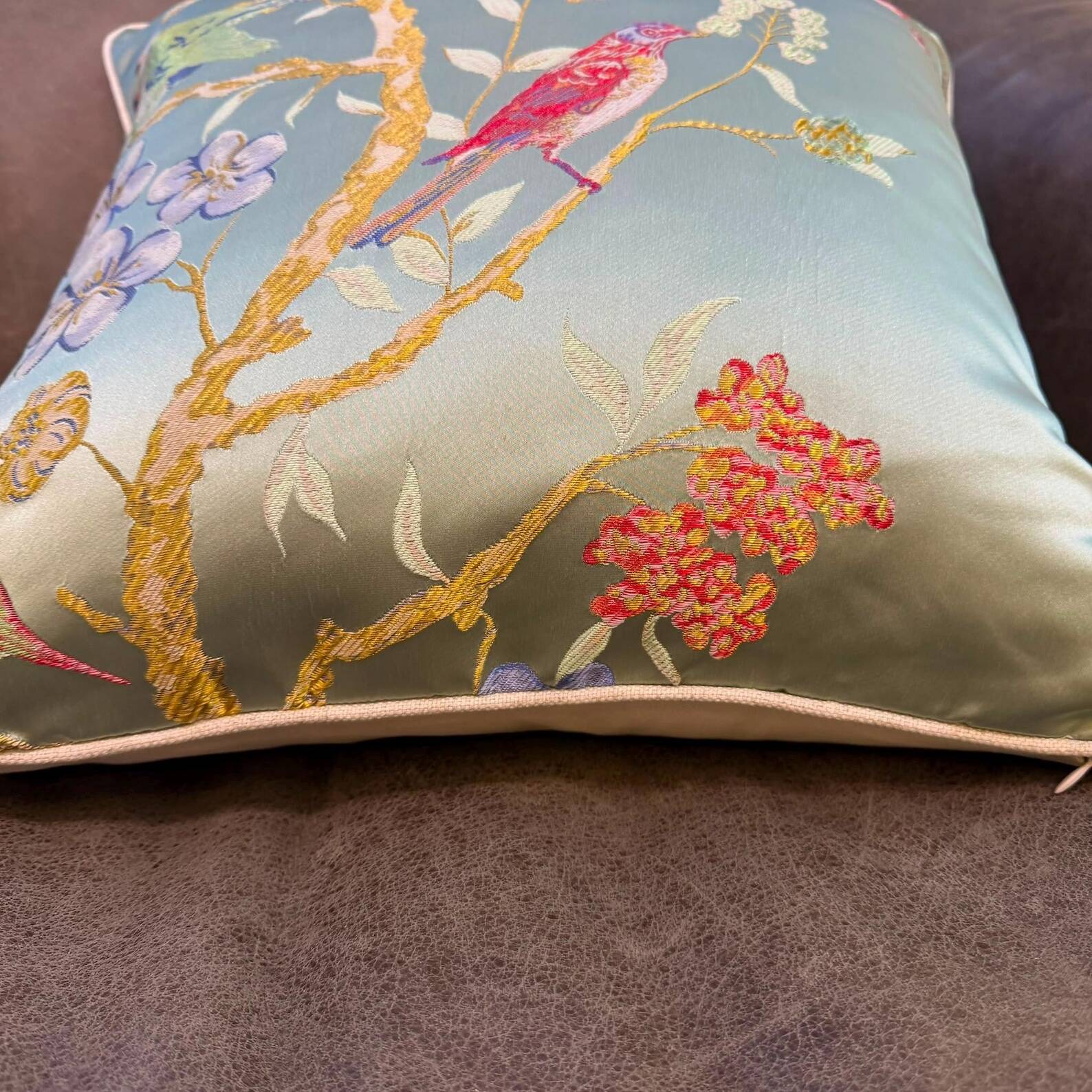 Chinoiserie Bird Cushion Cover, Cream Piped Silk Botanical Pillow