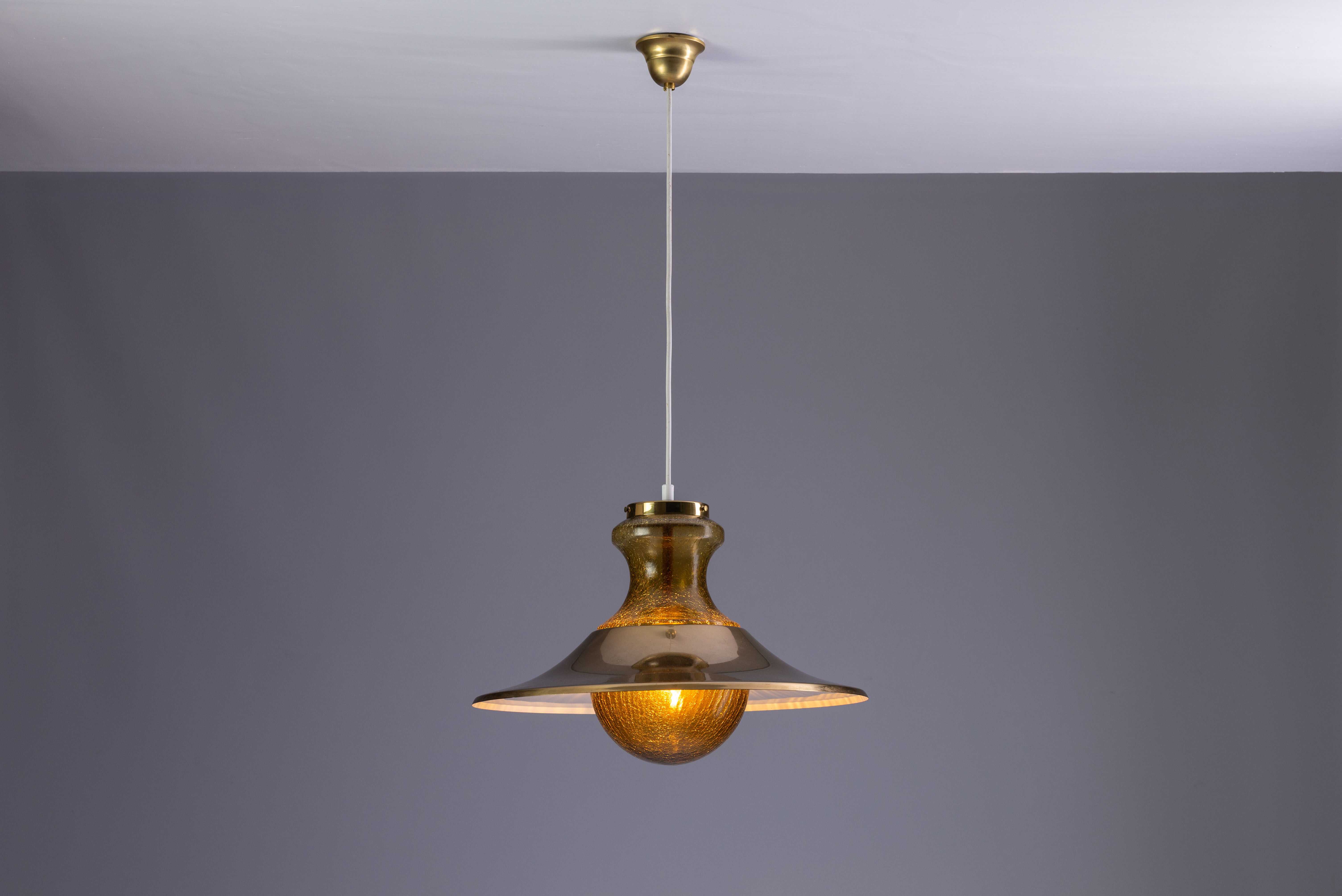 Large glass ‘‘bubble’’ chandelier with brass shade