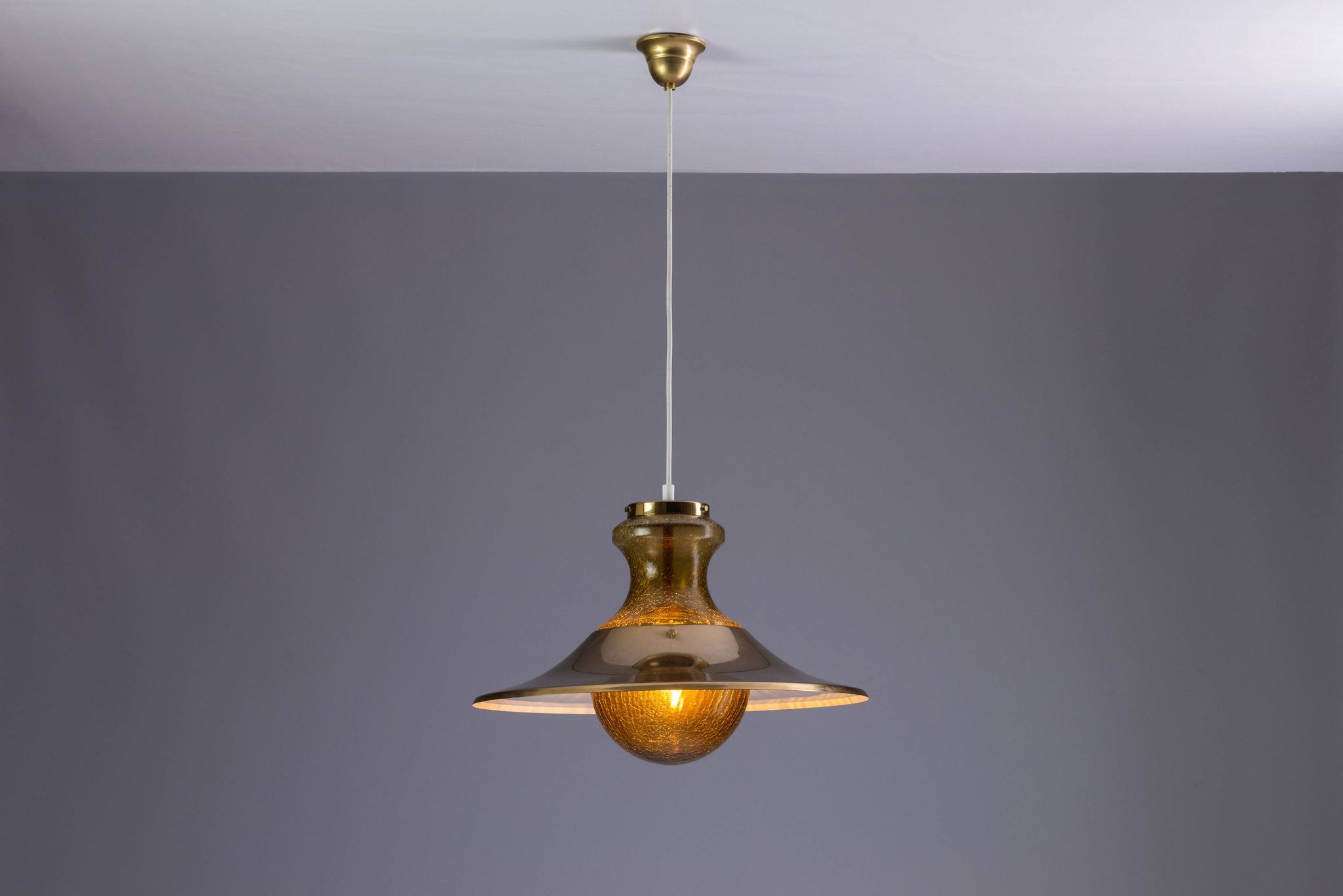 Large glass ‘‘bubble’’ chandelier with brass shade