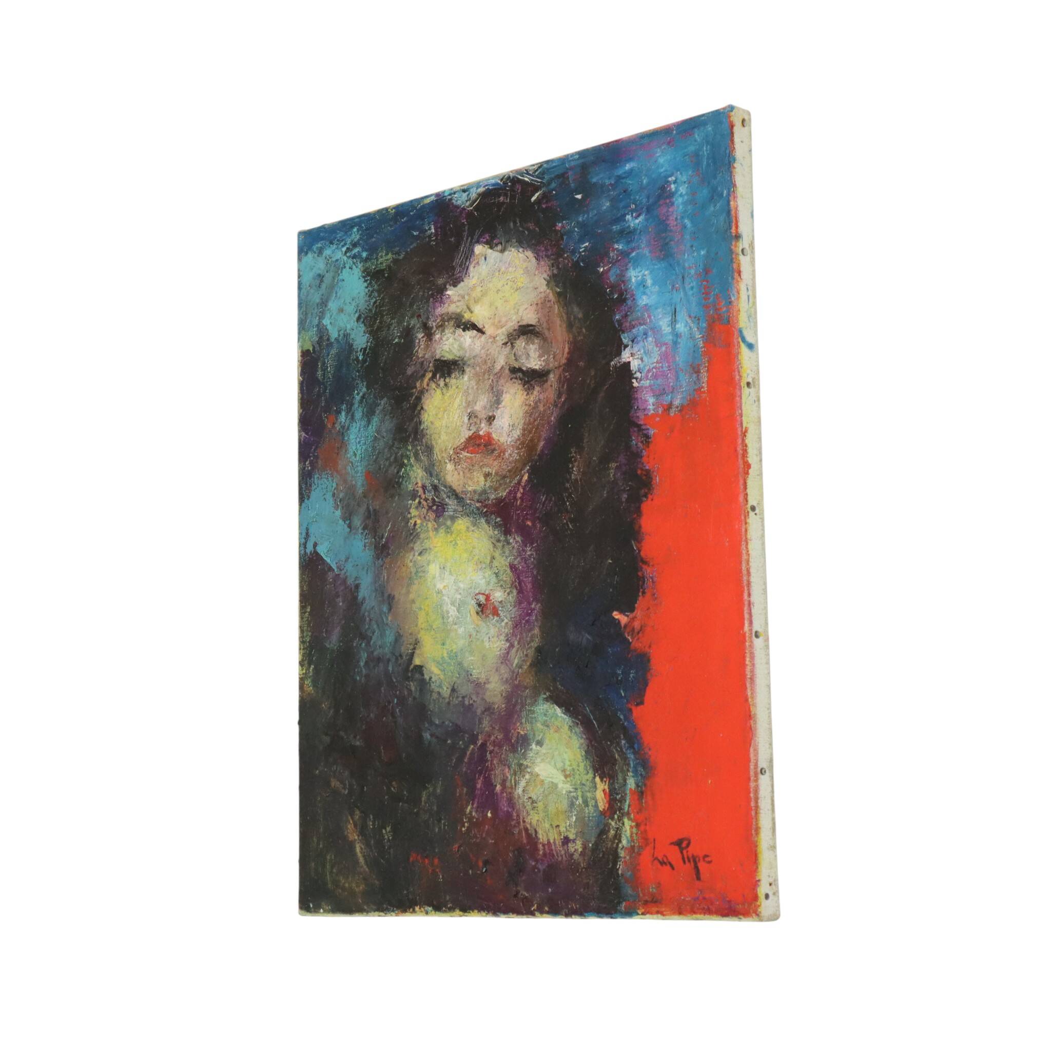 Vintage Abstract Painting on Canvas Nude Woman La Pipe